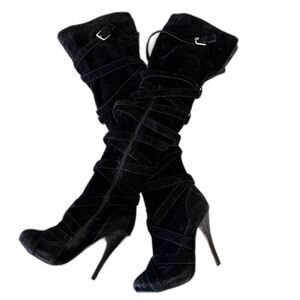 SEXY FREEMONT Black Velvet Suede Strappy Over-the-Knee High Heel Boots Size 8.5